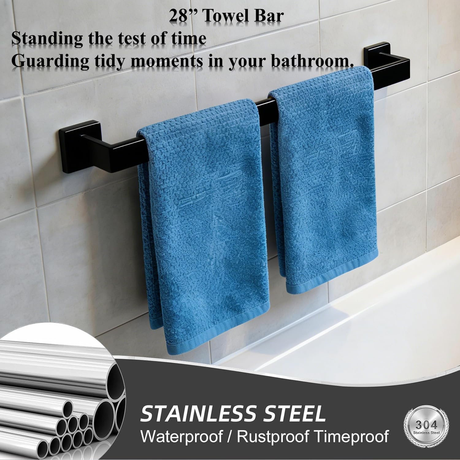 2 Packs 28 Inch Bathroom Towel Bar SUS304 Stainless Steel Matte Black Towel Holder Wall Mounted Heavy Duty Towel Rack Bathroom Towel Rod Modern Square Base Design(2, Matte Black, 28 Inch)