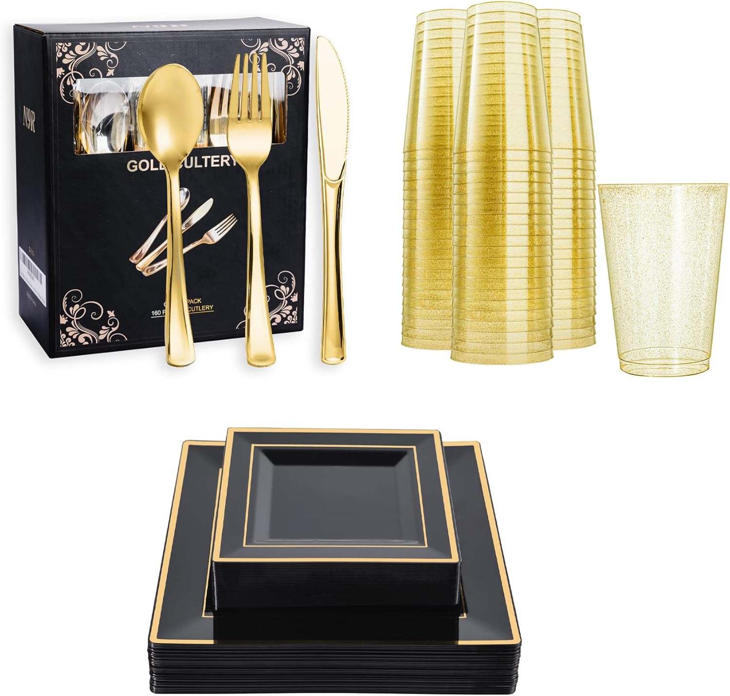 N9R 160Pcs Gold Plastic Silverware+ 100Pcs Gold Plastic Cups+ 60Pcs Black Plastic Plates