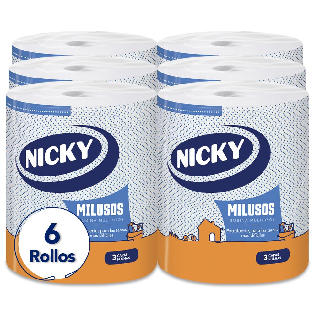 Nicky Miluss - Carta da cucina extra forte, confezione da 6 rotoli, 340 fogli a 3 strati per rotolo, carta super assorbente ed extra forte, imballaggio riciclabile, cellulosa pura al 100% certificata