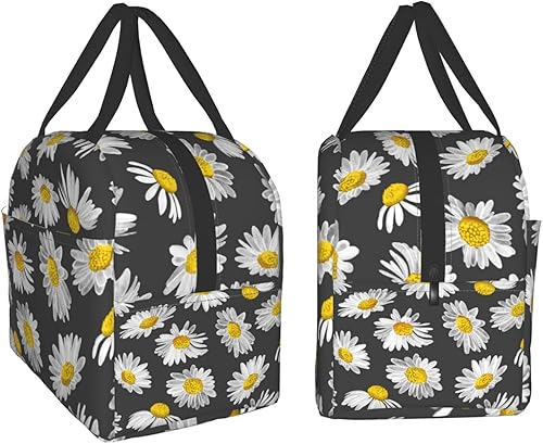 Miniatura 4 de Lonchera con estampado de margaritas negras, bolsa de almuerzo con aislamiento pequeño, bolsa de comida reutilizable, bolsas de almuerzo para