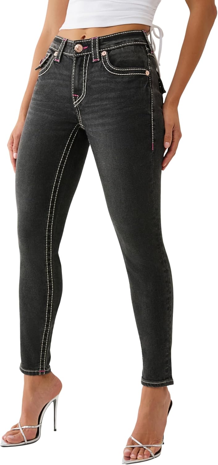 True Religion Women's Jennie Mid Rise Skinny Jeans – Big T Stitching & Flap Back Pockets