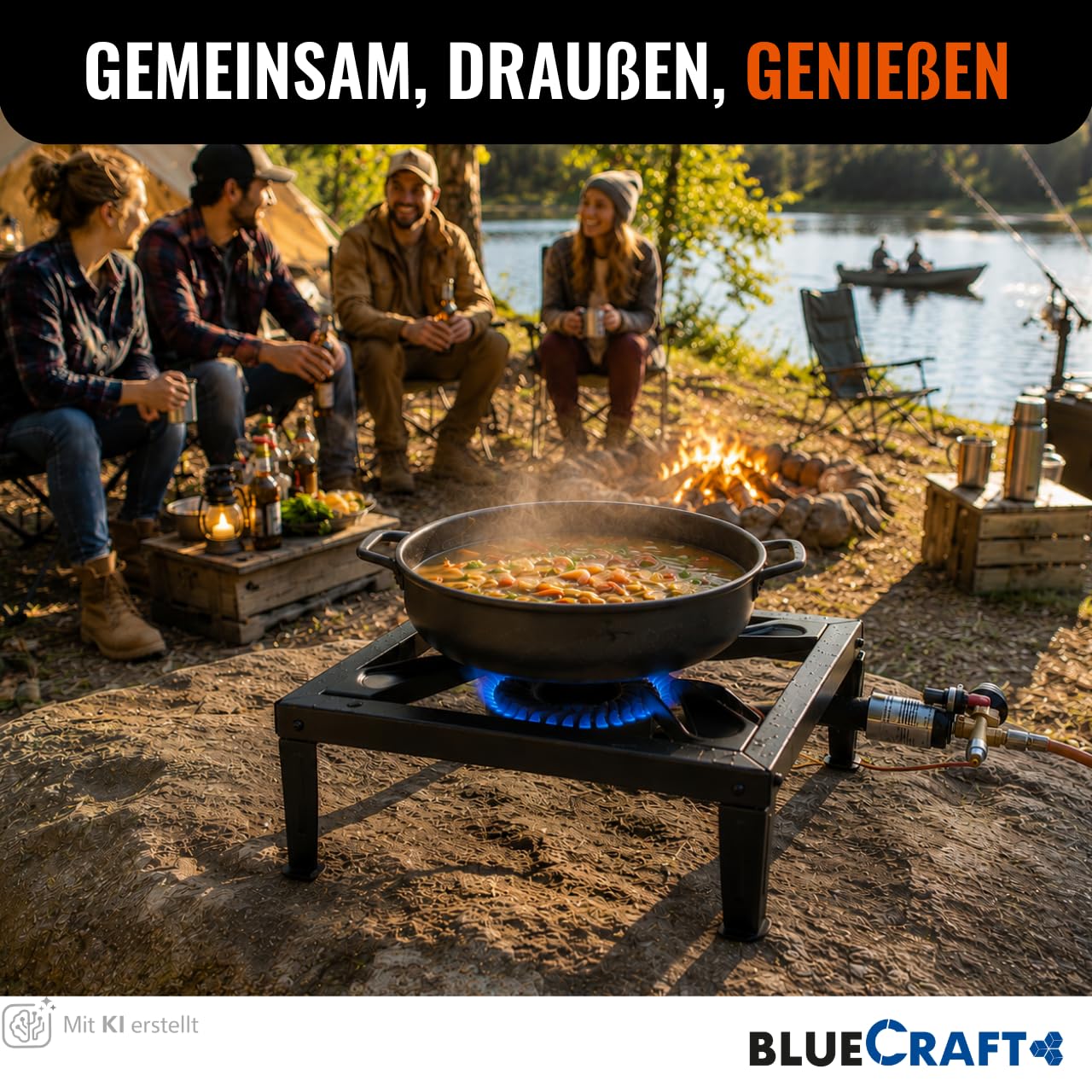 Bluecraft Hockerkocher Gas 10,5 KW Gaskocher + Gasschlauch & Regler 50mbar | Mit Zündsicherung & Piezozündung für Gasflasche - Campingkocher, Gasgrill, Gasbrenner, Gusseisen, Räucherofen, Wokbrenner