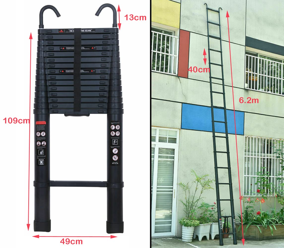 Scala telescopica 6,2 m/20,35 ft Scala Retrattile Multiuso Estensibile in Alluminio Pieghevole Portatile Salvaspazio Certificato EN131 Carico massimo 150 kg/330 lb con Gancio Tetto Rimovibile