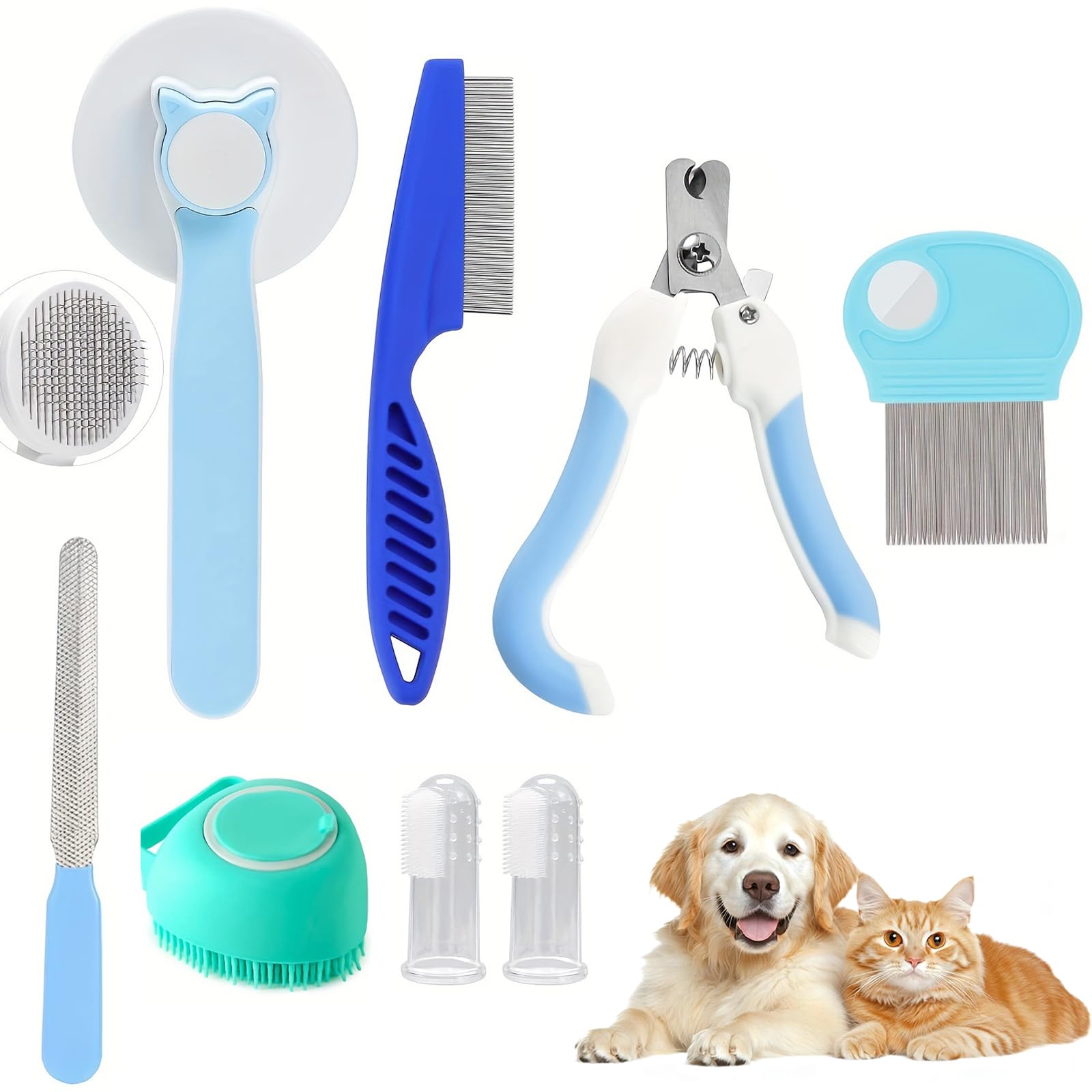 8 Pack Dog Grooming Kit, Dog Grooming Brush, Dogs Cat Deshedding Brush, Shedding & Flea Comb, Nail Clippers with File, Bath Tools for Long and Short Haired Pets