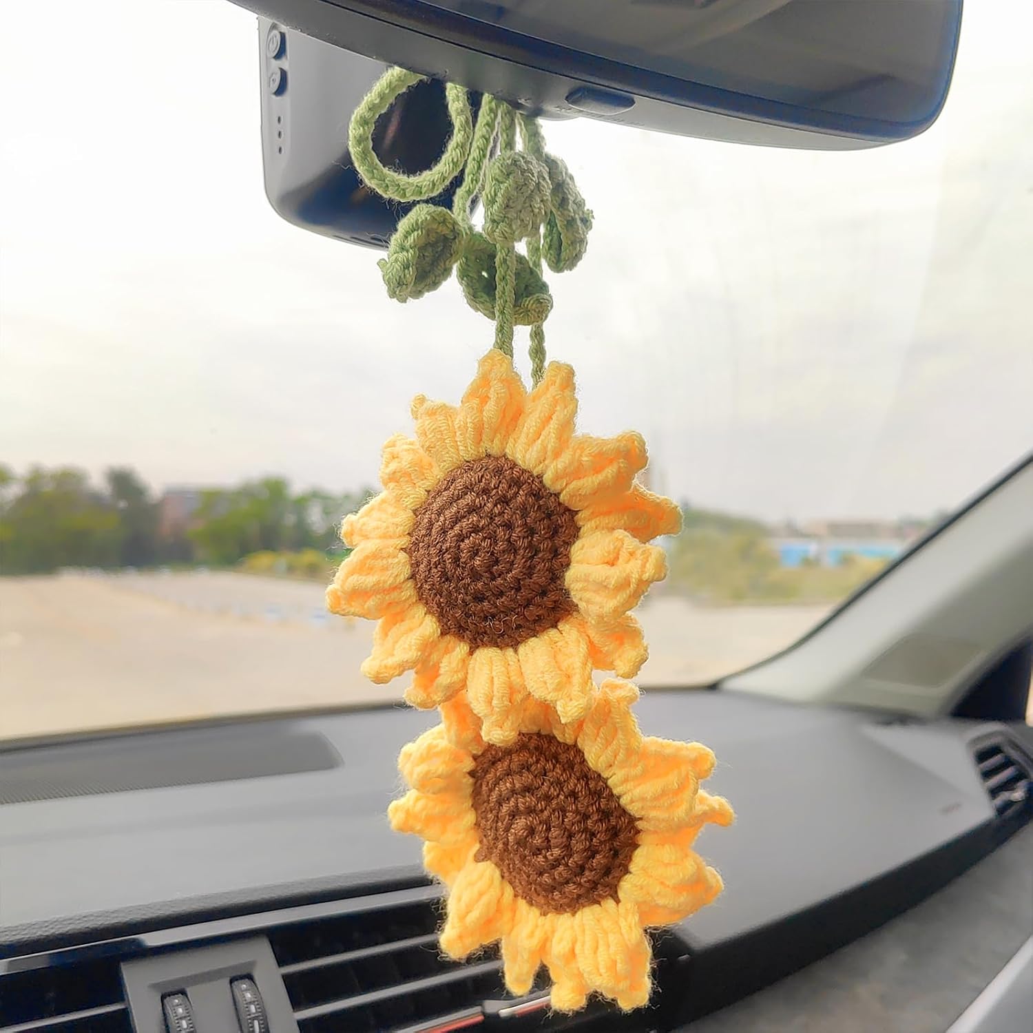 Crochet Sunflower Rear View Mirror Accessories, (Glue Free) Handmade Flowers Car Hanging Ornament, Cute Car Accessories Interior for Women, Curtain Tie/Bag Charms