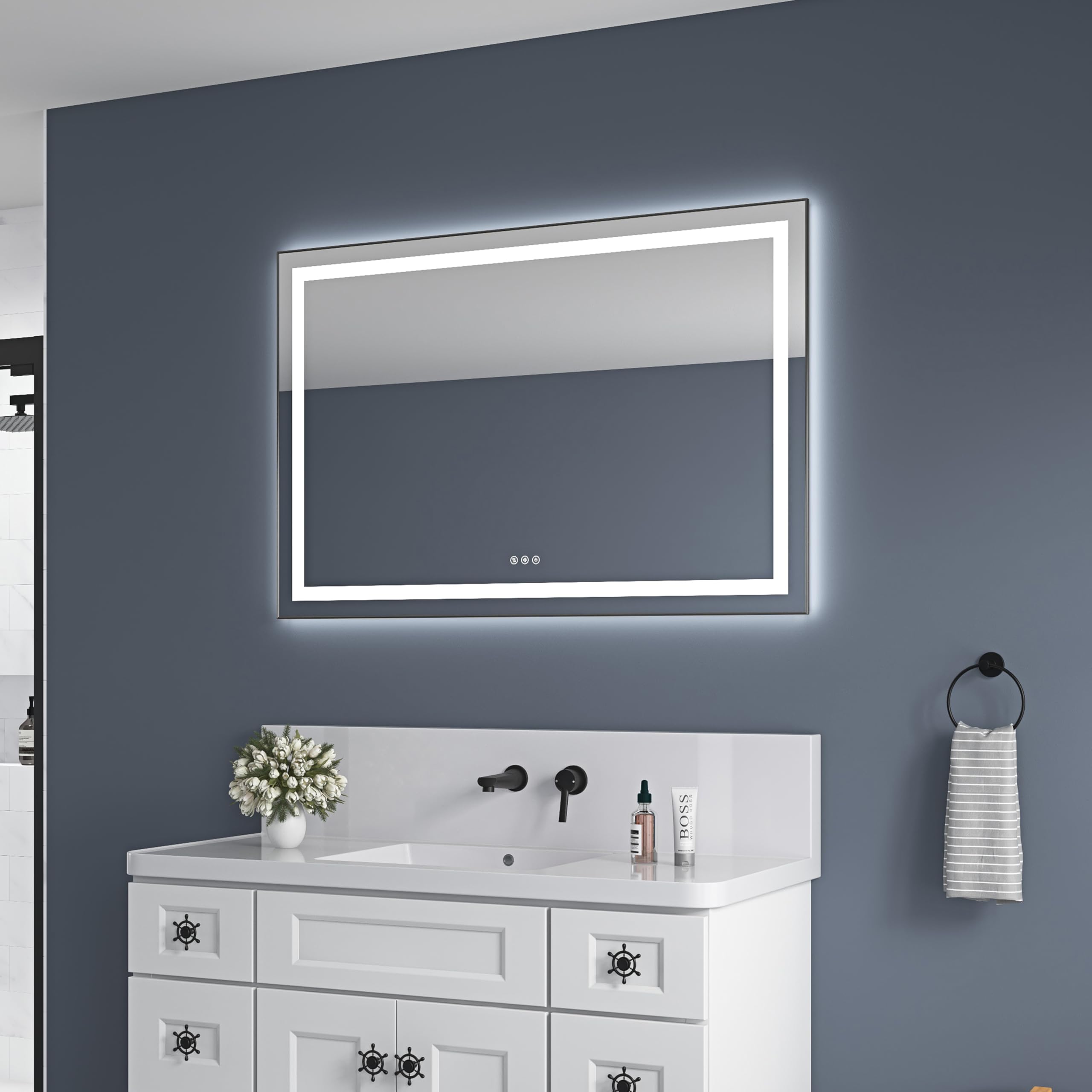 Yestar 48x32 Inches Led Bathroom Mirror with Front & Backlight, Wall-Mounted Vanity Mirror –-Fog, Memory, 3 Colors, Stepless Dimmable, Aluminum Frame (Ash)