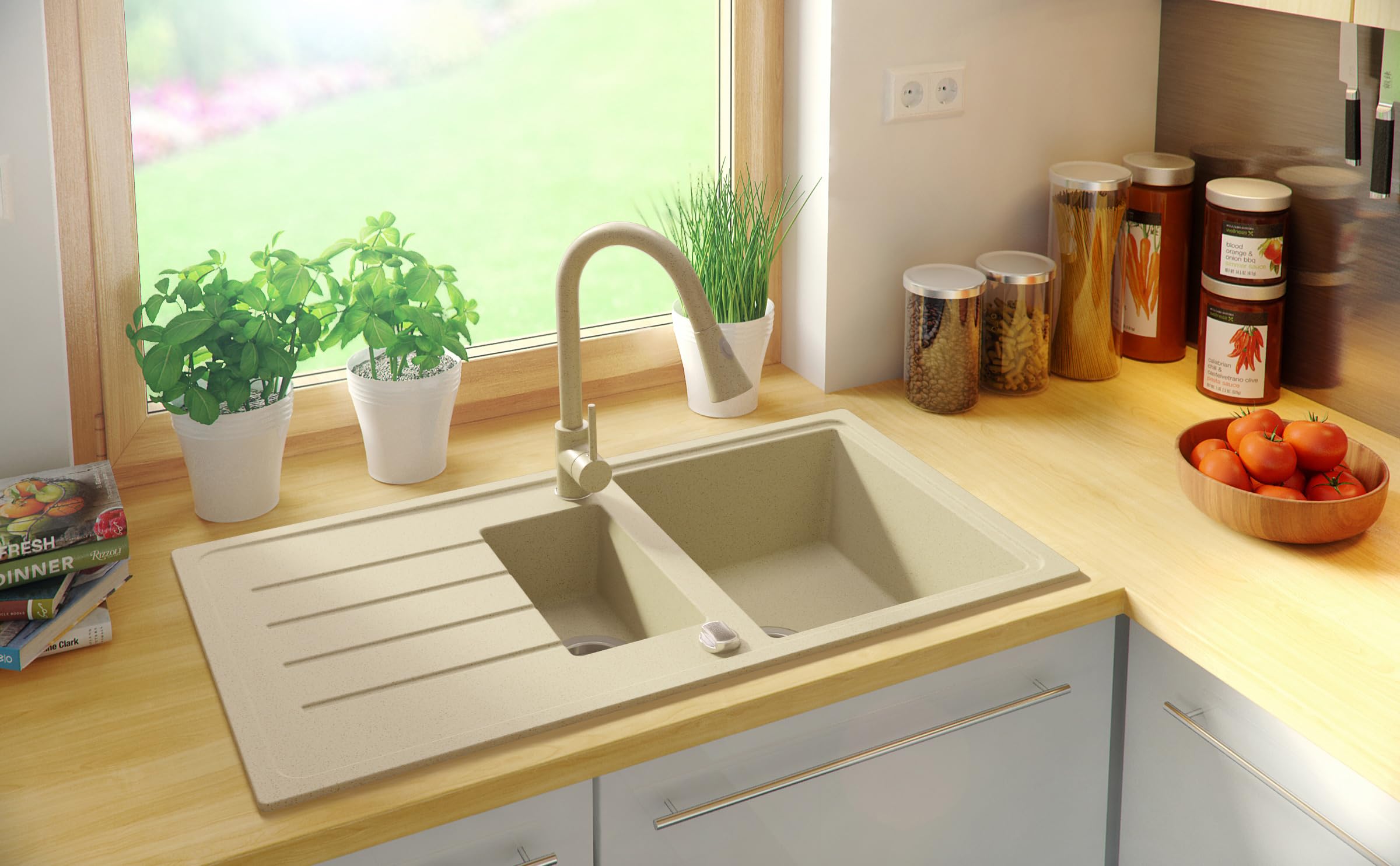PRIMAGRAN Evier Cuisine en Granit Tout Beige - Copenhague Duo, 90x50cm | Lavabo 1,5 bacs + Kit de Vidage, Évier à Encastrer au Meuble 60cm (S010)