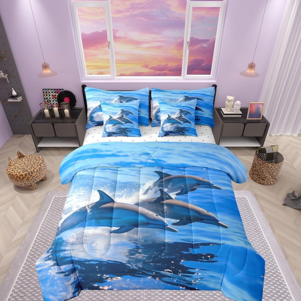 Manfei Dolphin Bedding Set Cute Dolphins Sealife Bed in a Bag Lovely Ocean Animals Comforter Set King Size 7 Pieces for Kids Boys Teens Bed Set with Comforter,Sheet Set,Pillowcases,Pillow Covers