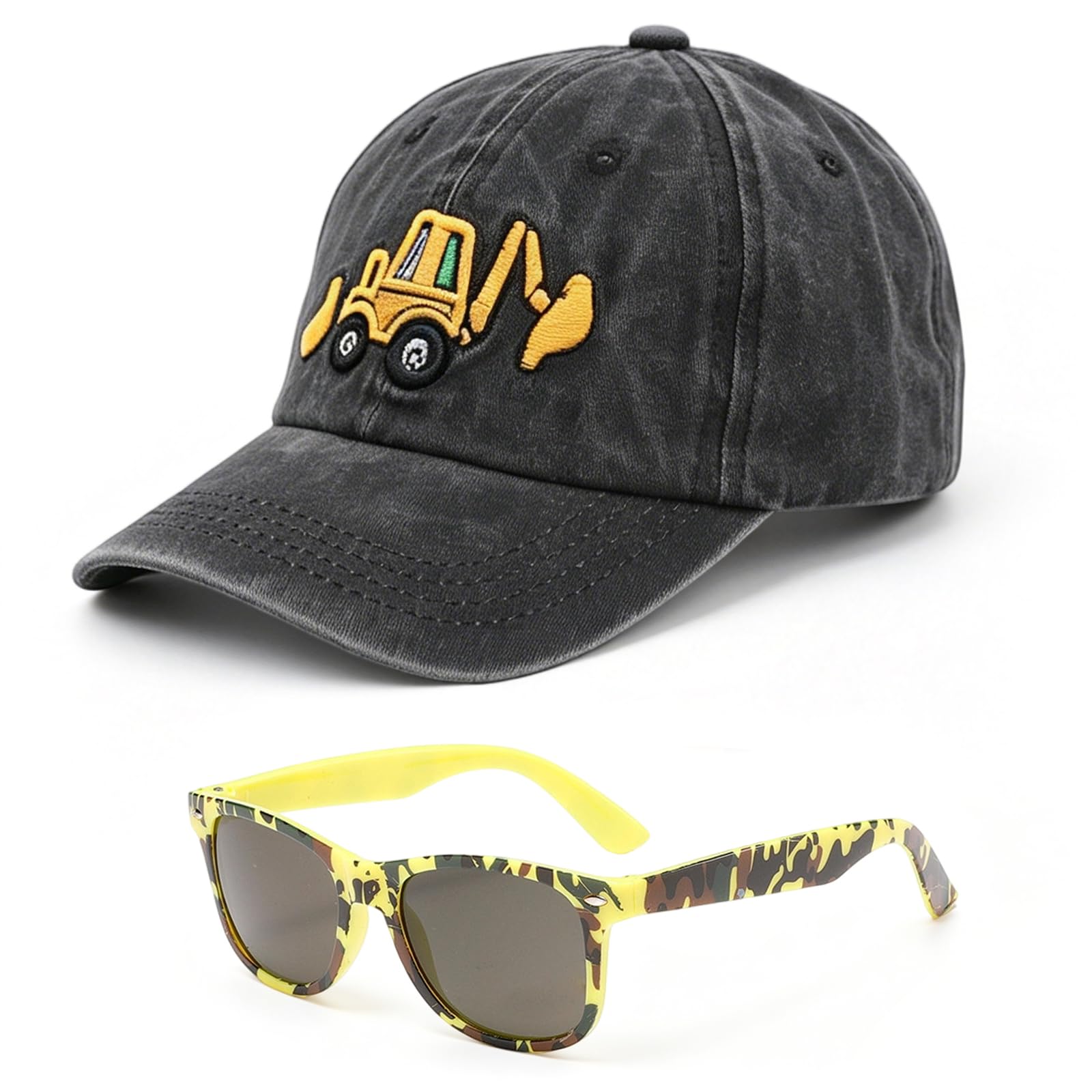 Excavator Baseball Cap and Sunglasses Set, Adjustable Corduroy Kids Sun Hat with Unique Construction Digger Sunglasses, Summer Outdoor Sun Protection for Boys Girls Age 2-8 Years White (black)