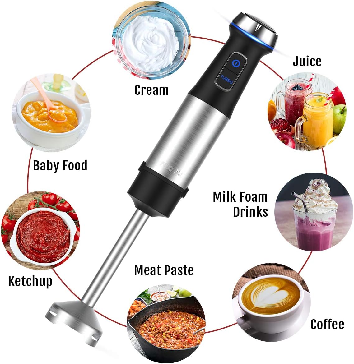 Immersion Hand Blender, Nxone 4-in-1 Variable Stepless Speed Control Multifunctional Stick Blender with Brushed Stainless Steel Blades, 800ml Mixing Beaker, Milk Frother and Egg Whisk for Smoothies, Puree Baby Food, Sauce and Soup, Black: Home & Kitchen