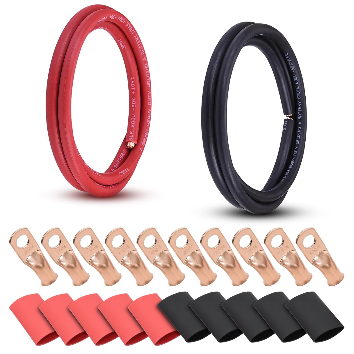 4 AWG Welding Cable Kit with Ring Terminals & Heat Shrink Tubing - 10ft Total (5ft Red +5ft Black) OFC Copper +10x 5/16" Terminals +5 Red/5 Black Tubing - American Standard