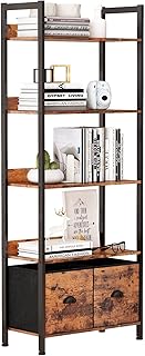 Furologee 5-Tier Bookshelf, Tall Bookcase with 2 Storage Drawers, Industrial Display Standing Shelf Units, Wood and Metal Storage Shelf for Living Room, Bedroom, Home Office, Rustic Brown