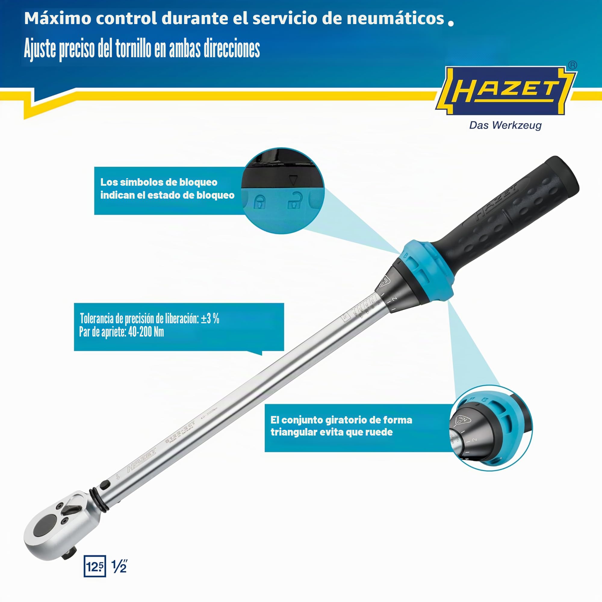 Hazet Llave dinamométrica 5122-2CT I Salida: cuadrado 12,5 mm, 1/2 pulgada, tolerancia: 4%, 32 dientes I Carraca reversible para coche y bicicleta I 519mm
