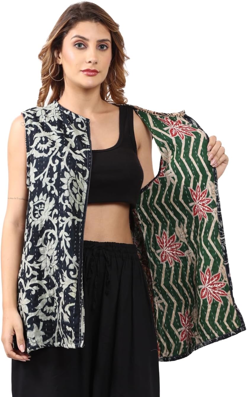 Wevez Women's Kantha Cotton Quilted Half Jacket - Sleeveless Printed Assorted Pack of 3 – Handcrafted, Lightweight, Boho Style