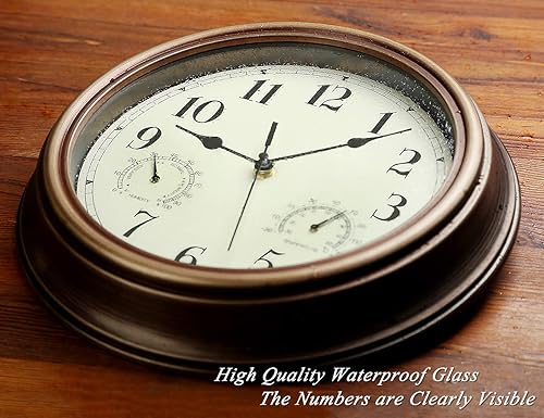 Miniatura 4 de Reloj de pared para interiores y exteriores de 12 pulgadas, resistente al agua con temperatura y humedad, funciona con pilas, sin tictac, reloj