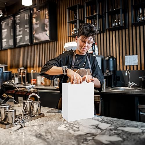 Miniatura 6 de MOZRRO Bolsas de regalo, paquete de 100 unidades de 10.5 x 8.5 x 4.5 pulgadas, bolsas de papel con asas, tamaño mediano, bolsa de regalo blanca para