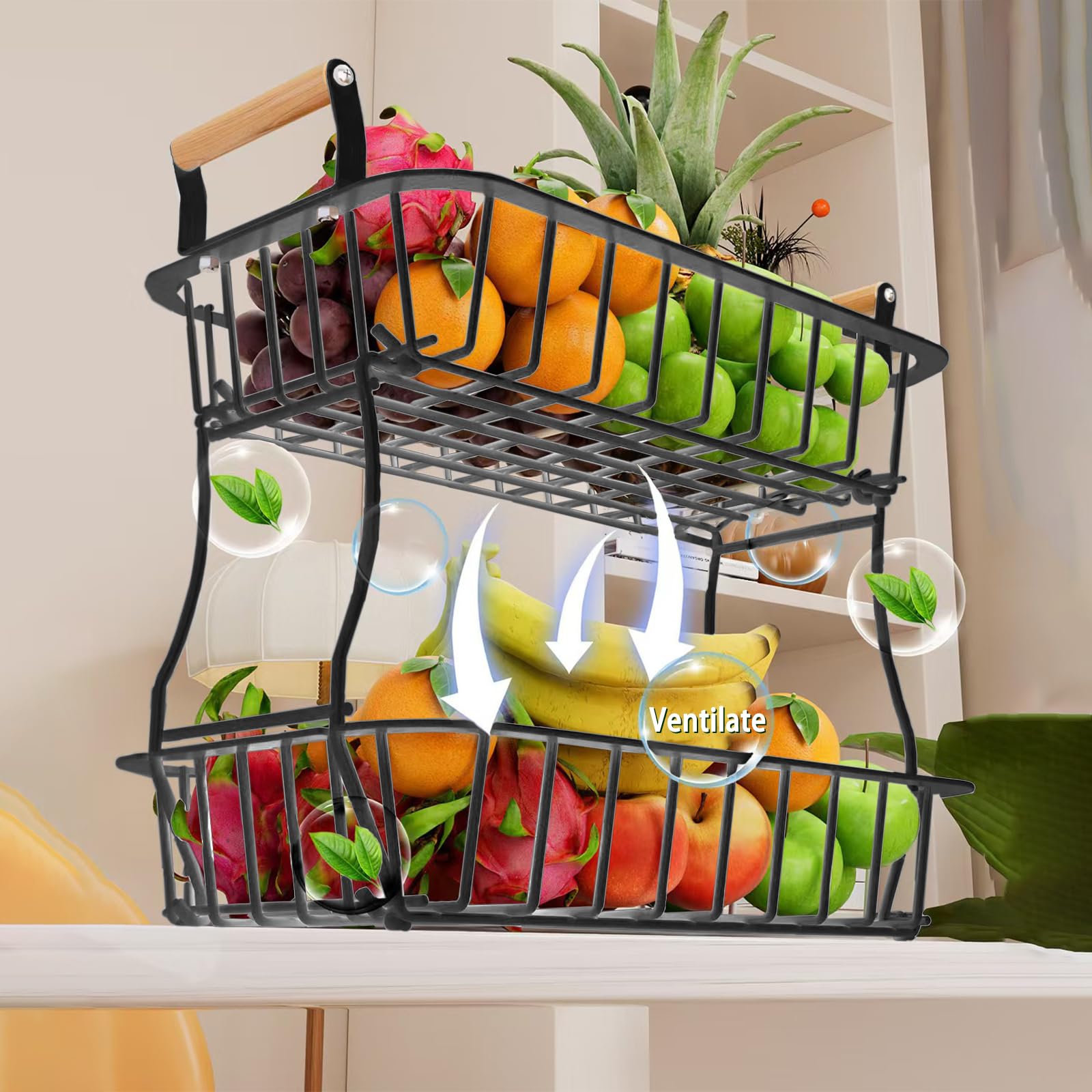 Fruteros de Cocina de 3 Niveles, Cesta de Frutas de 2 Niveles, Soporte de Almacenamiento de Aperitivos, Soporte de Alambre de Metal para Frutas, Verduras y Pan, para Encimera de Cocina (A)