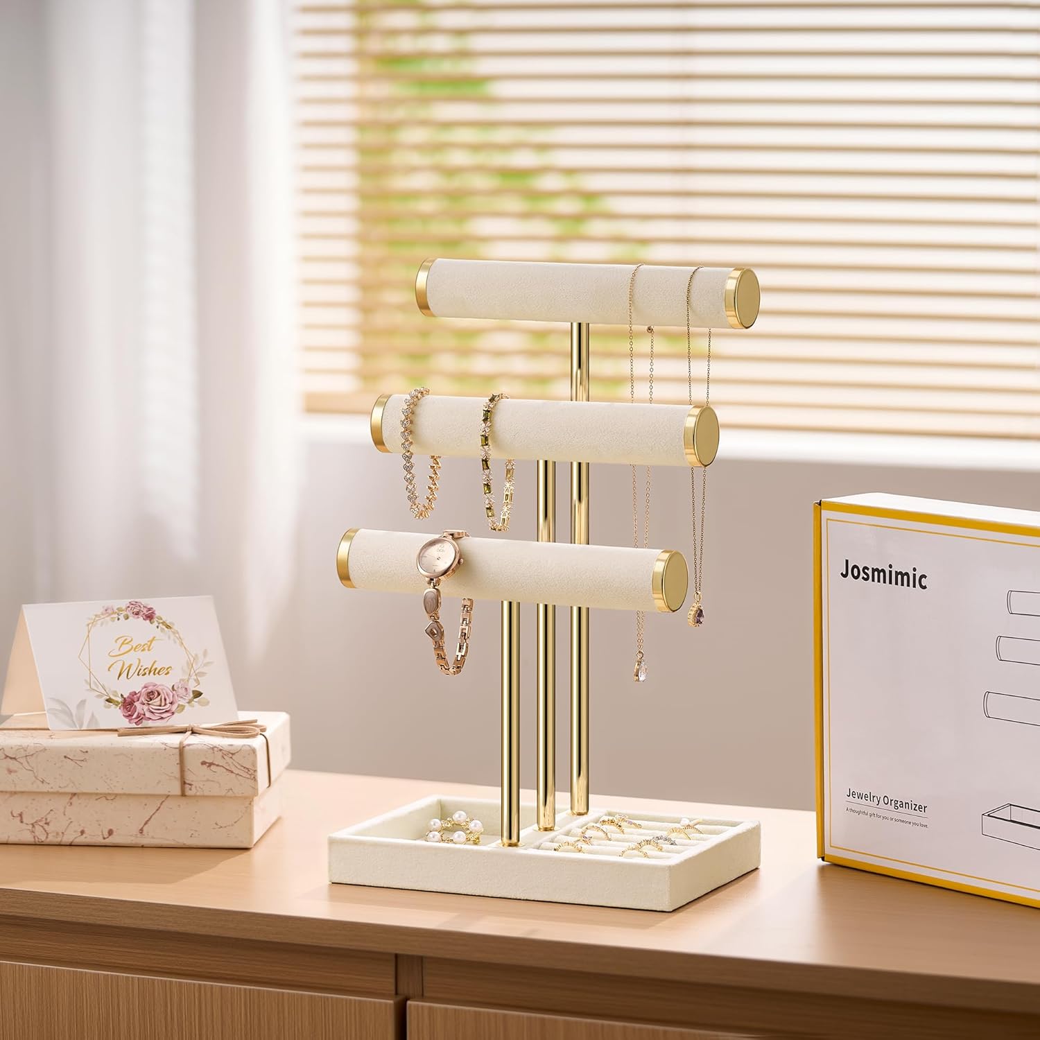 Bracelet Holder Jewelry Organizer Display - 3 Tier T Bar Velvet Stand, Beige Jewelry Storage for Bracelet, Necklaces, Watches - Image 4
