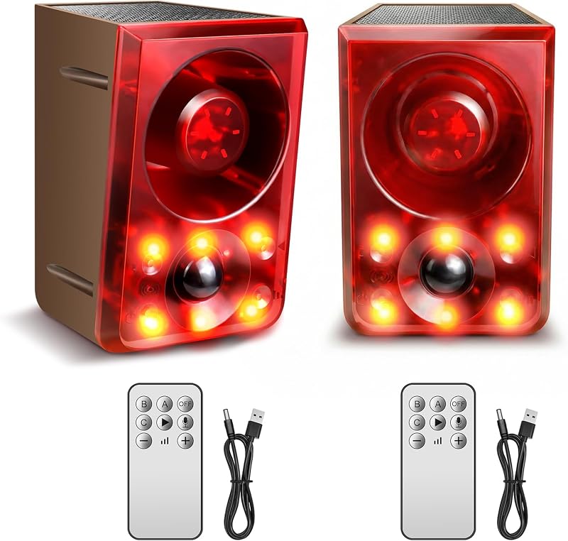 Alarma solar con sensor de movimiento para exteriores, ladridos de perros y sonido de disparo, 130 dB de volumen | Grabación de soporte, 13 tipos de sonido y luz estroboscópica para disuadir mapaches, ciervos, zorrillos, osos y coyotes (paquete de 2)