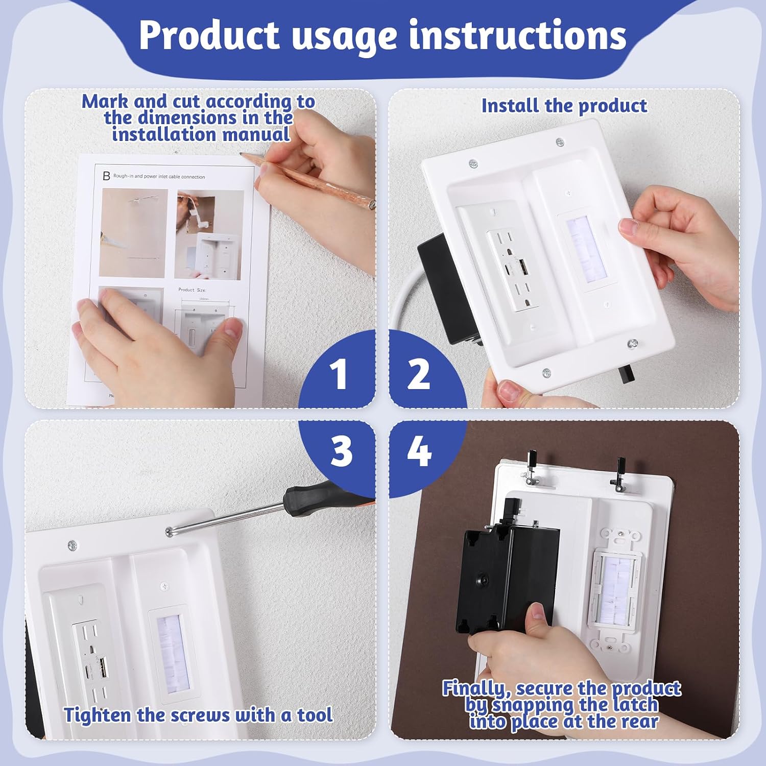 in Wall Cable Management Kit with Brush Wall Plate, AC Outlets & USB Ports | 9.8ft Cord, Recessed Outlet Box, for Walls Mount TV with Cable Management Box, in Walls TV Connection Kit, White
