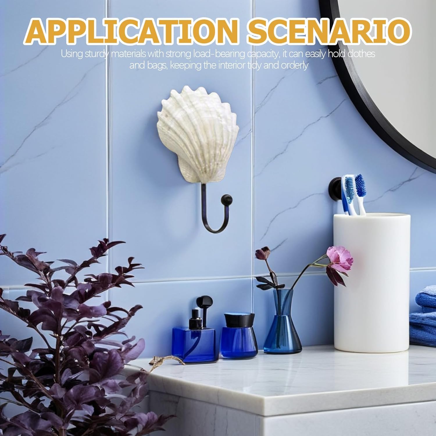 6pcs Coastal Decorative Hooks - Nautical Wall Hooks for Bathroom Bedroom Kitchen - Conch Seashell Seastar Wall Hanger for Hanging Towels Coats Hats Clothes