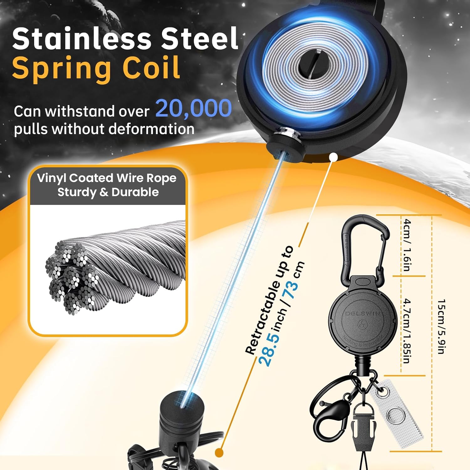 DELSWIN Heavy Duty Retractable Keychain, Badge Holder Retractable Clip with 28.5”Steel Extension Cord, Badge Reel with Detachable Key Ring Lobster Claw Clasp Anti-lost Tether, Bearing 10.0 oz (2 Pack) - Image 5