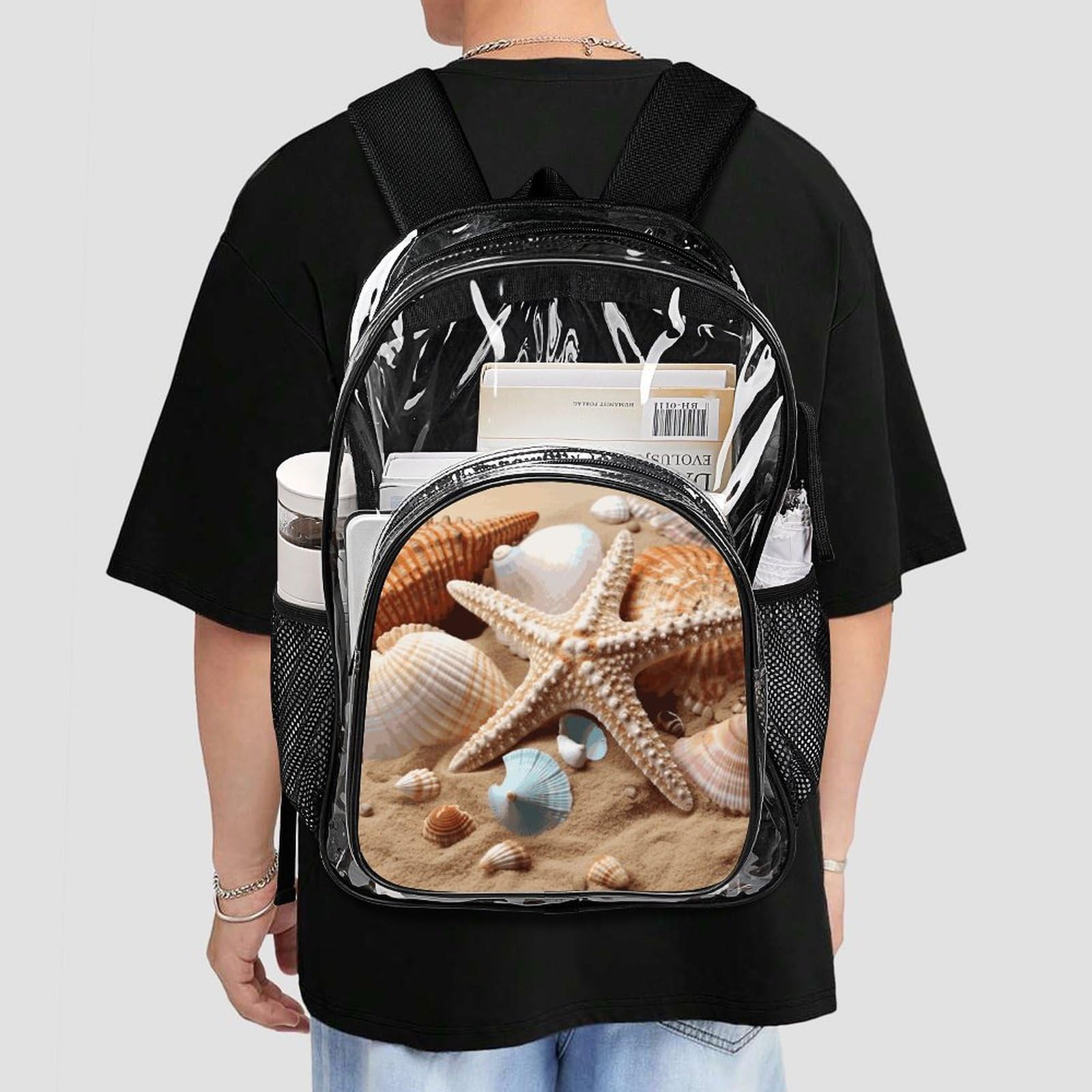 Seashells Starfish - Zaino trasparente grande, in PVC, trasparente, per la sicurezza, il lavoro, i viaggi, lo stadio