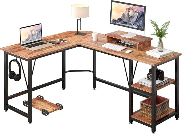 TREETALK Computer desk, L-shaped Corner Desk with 2-Layer Storage,Large PC Laptop Table with Monitor Stand and CPU Stand,Gaming Desk Writing Table for Office Home (Walnut)