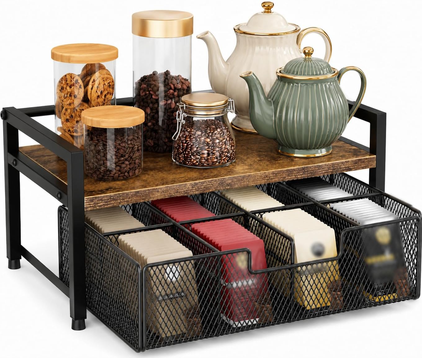Tea Bag Organizer for Countertop, 8-Compartment Rack with Drawer