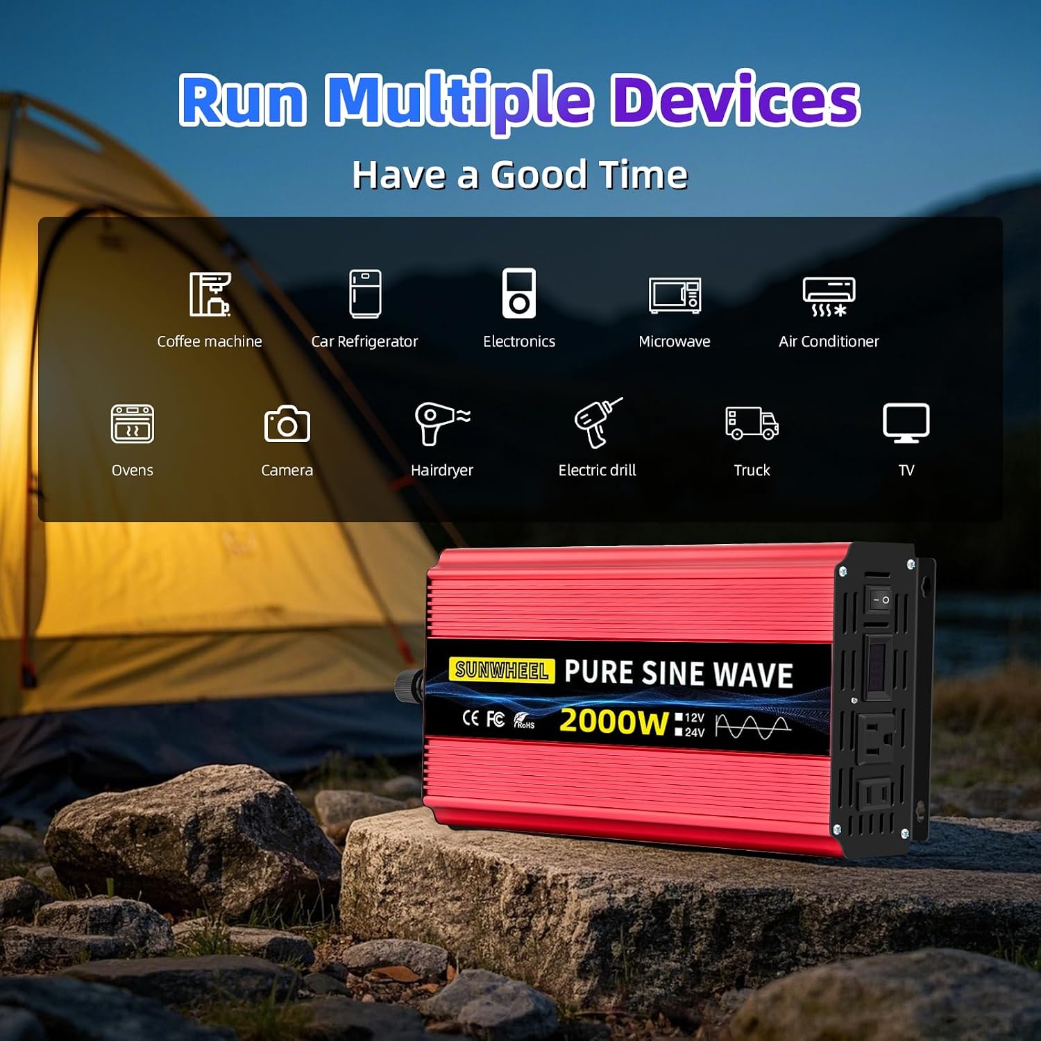 SUNWHEEL 2000W Pure Sine Wave Inverter, 12V DC to 110V/120V AC Power Inverter for RV、Microwave、Off Grid、Truck、Refrigerator、Air Conditioner with 2 AC outlets and LCD Display