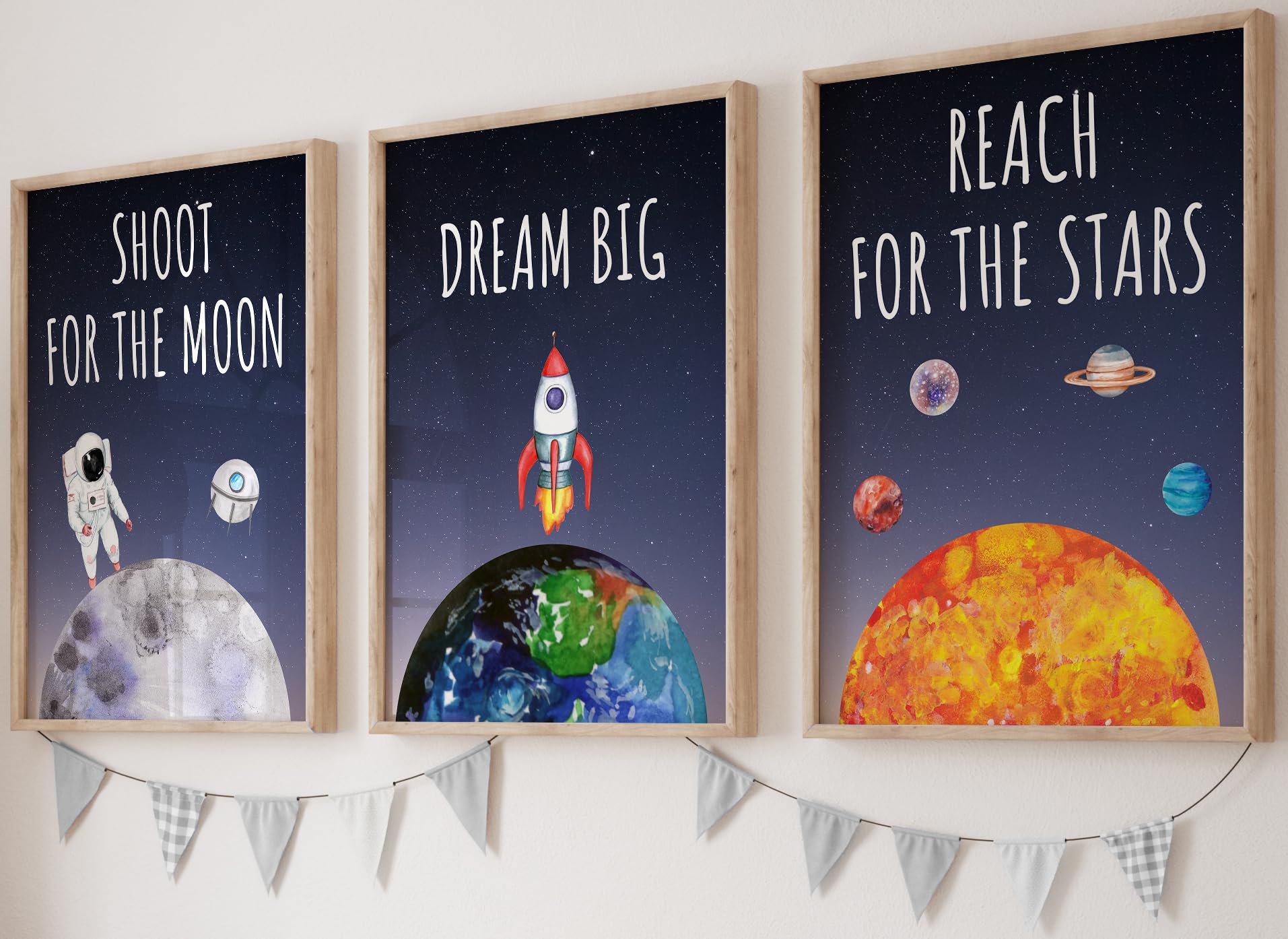 Eviepops Prints Space Theme Wall Art Set of 3 Unframed Posters for Kids Room, Astronaut, Planets, Rocket, Sun Moon Earth, Shoot for the Moon, Dream Big, Reach For The Stars Inspirational Quote (A3) — image 1
