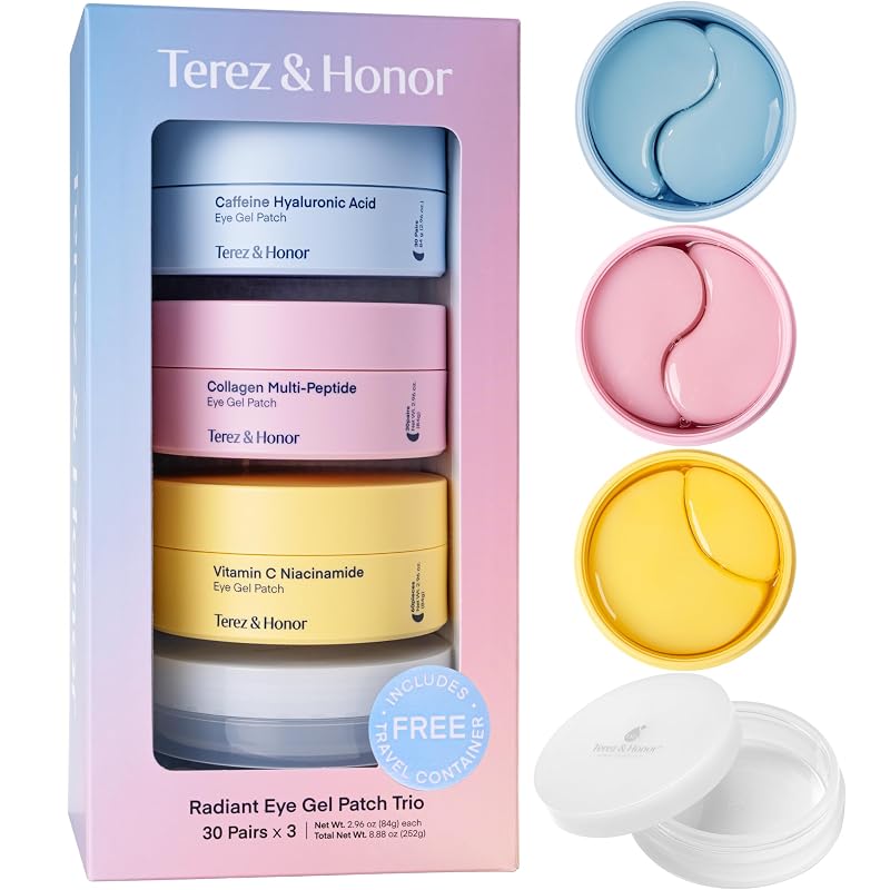 Máscaras de hidrogel para olhos TEREZ & HONOR com cafeína, colágeno e vitamina C, conjunto com 3 frascos de 60 unidades e estojo de viagem