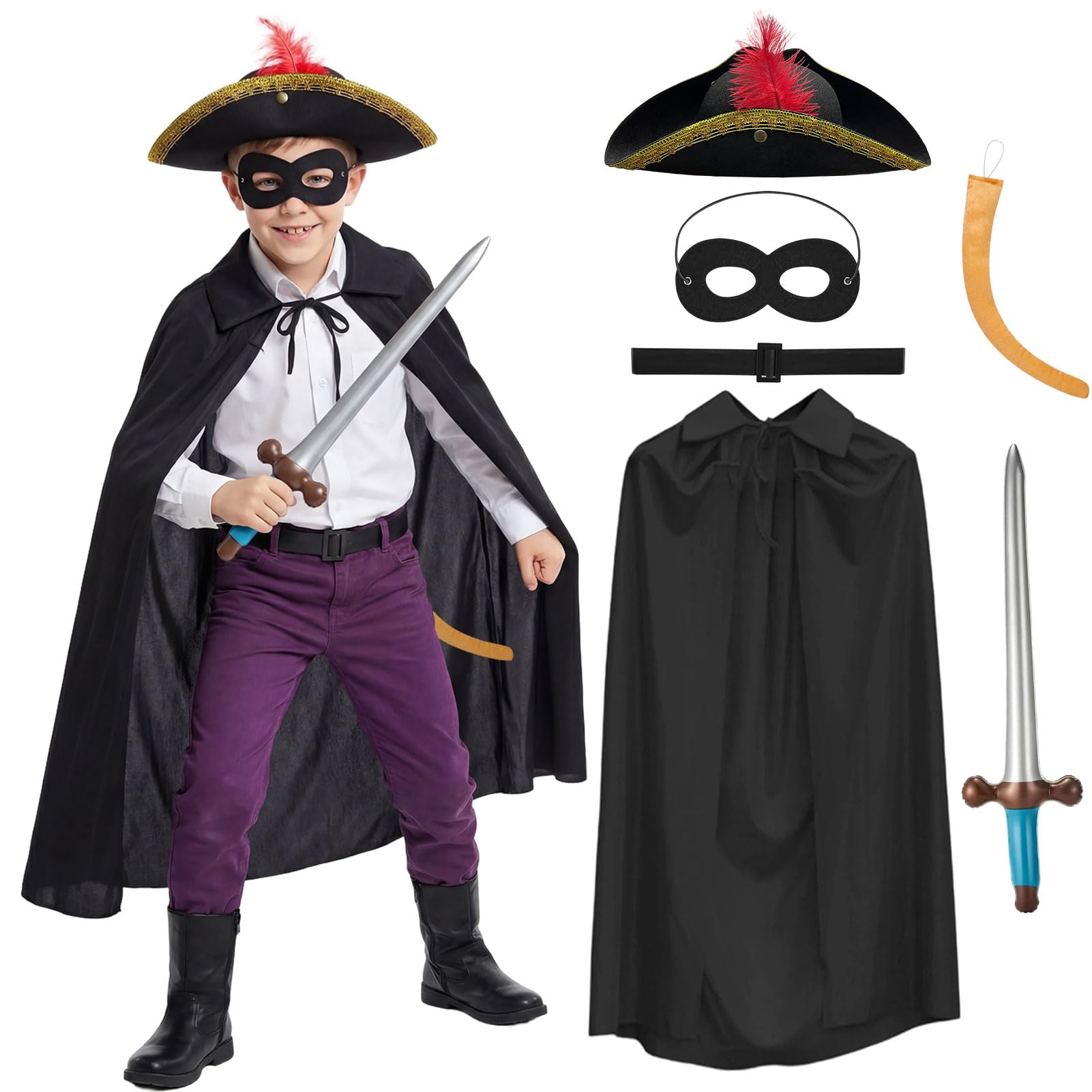 Meriviva Cat Bandit Costume with Tricorn Hat Black Cape Eye Mask Tail Fake Sword Belt, Rat Costume Fancy Dress for World Book Day Cosplay