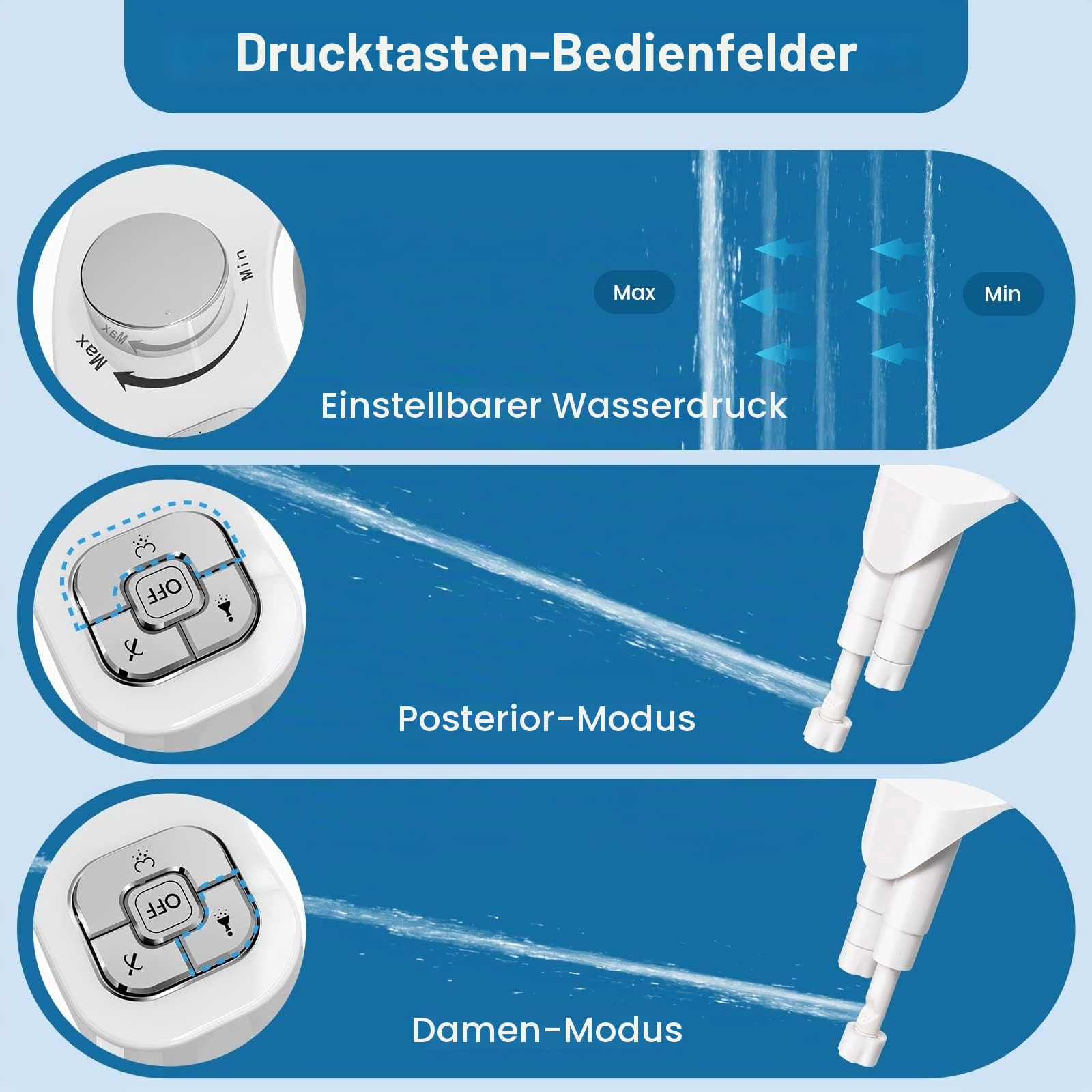 Bidet Aufsatz Für Toilette, Nichtelektrisch Schlankes Druckknopf Bidet WC, Einziehbare Selbstreinigende Doppeldüsen（Verstopfungsschutz）Und Drehknopf Zur Einstellung Des Wasserdrucks (Silber)