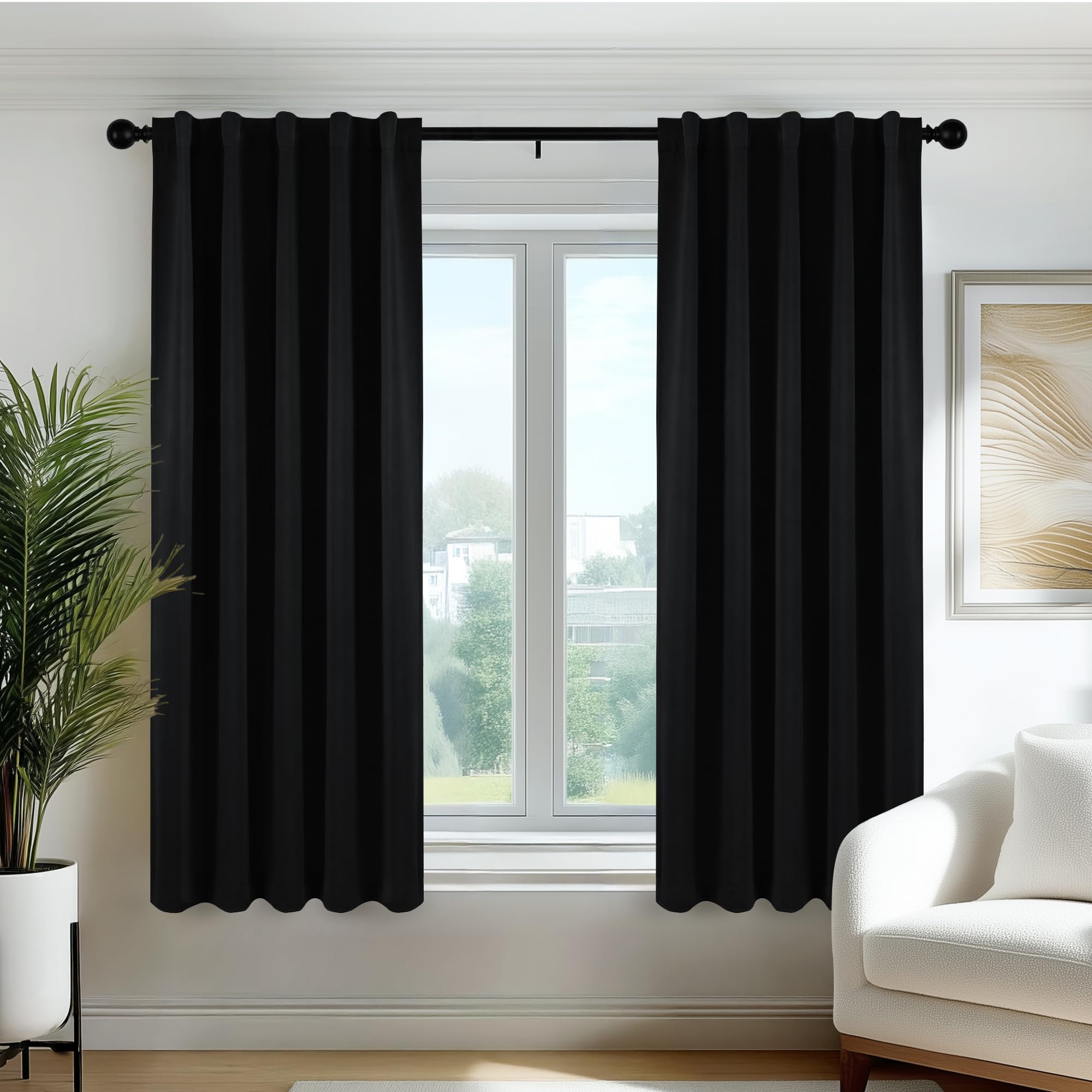 Deconovo Verdunkelungsvorhänge Blickdichte Gardinen mit Kräuselband Schlaufen Vorhang 3-in-1 Thermo Vorhänge gegen Hitze Curtains für Wohnzimmer Schlafzimmer, H120 x B70 cm, Schwarz, 2er Set