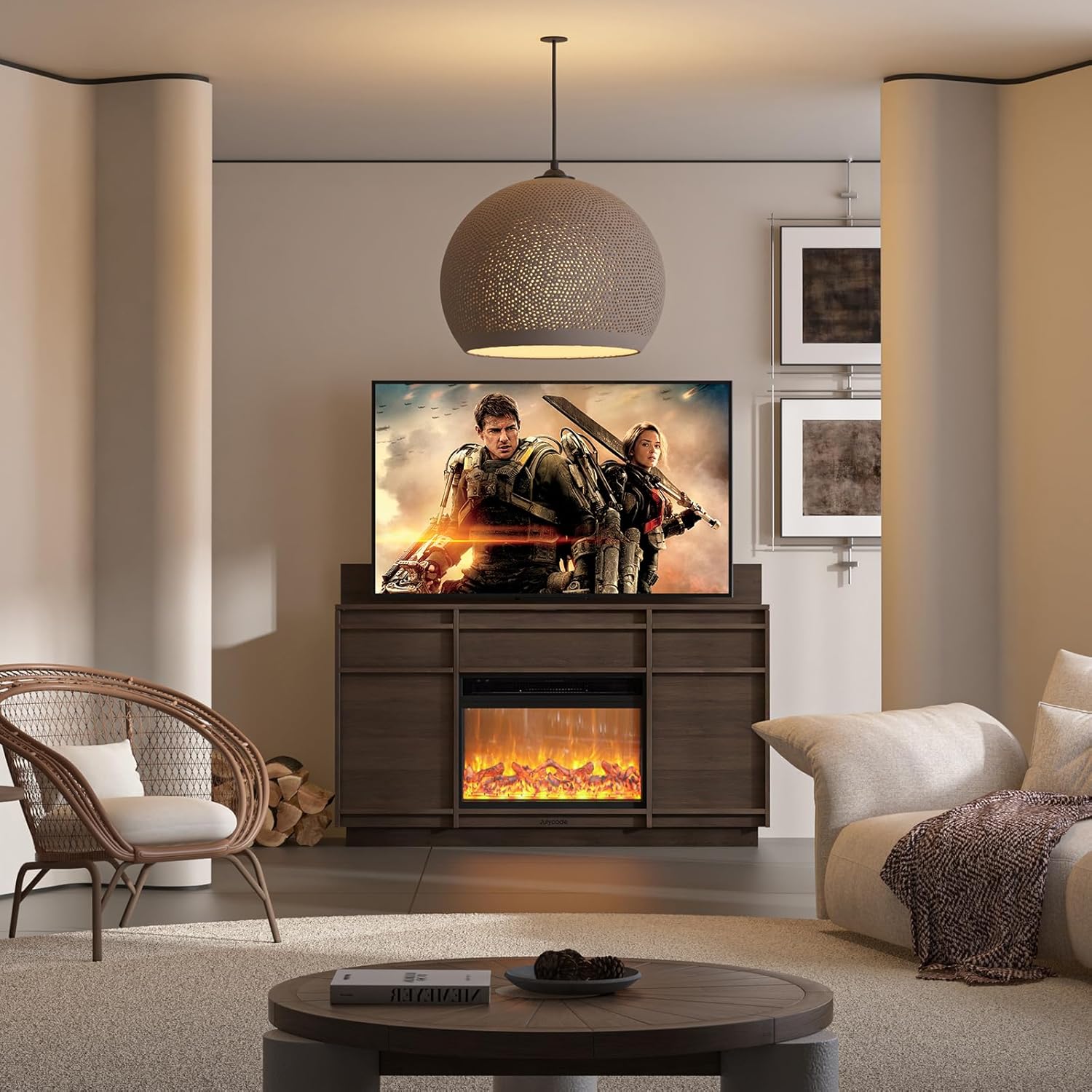 Electric Fireplace TV Stand with Realistic Flame Effect - Heater & Storage Cabinet, Remote Control, Adjustable Temperature for Living Room (Brown Oak)