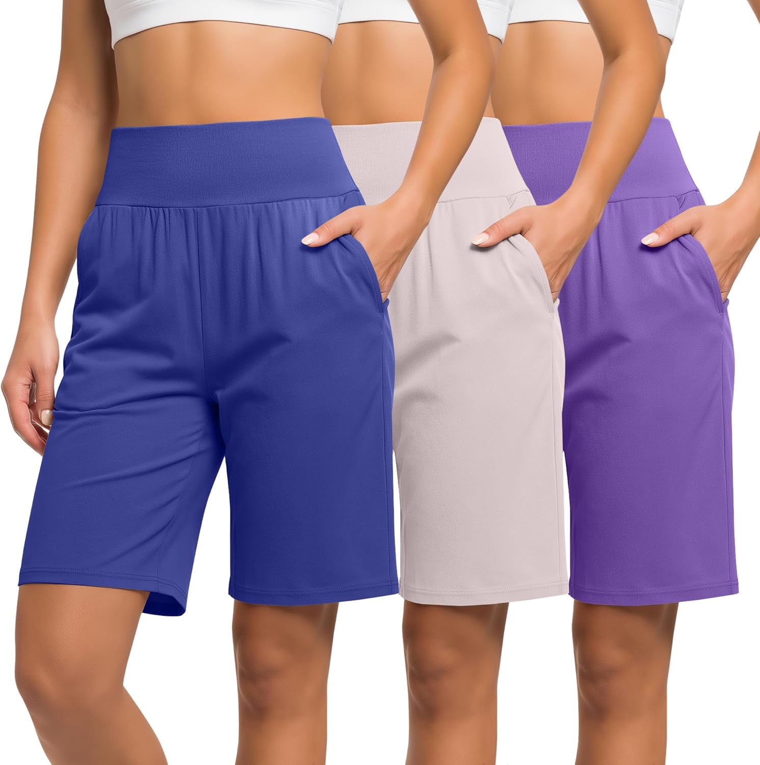 Neer 3 Pack Women's Bermuda Shorts, High Waist Basic Stretch Casual Bottoms Knee Length Summer Athletic Short with Pockets