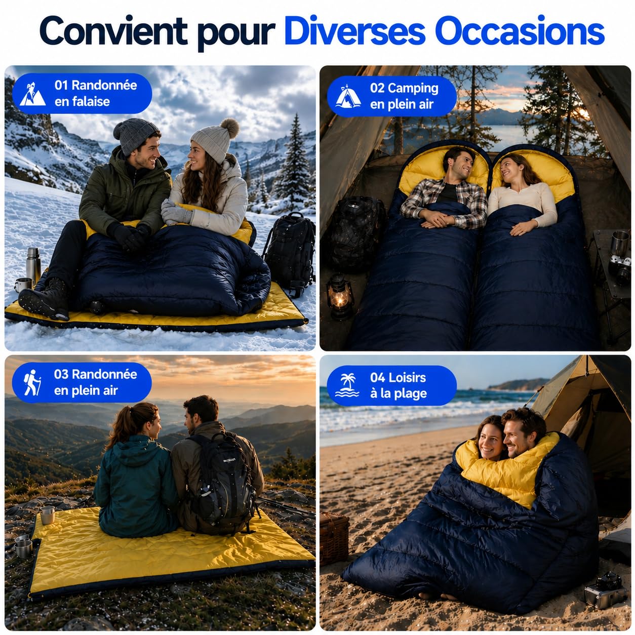 Sac de couchage 4 saisons, connectable, chaud, remplissage en fibre 3D, camping, randonnée, aventures en plein air