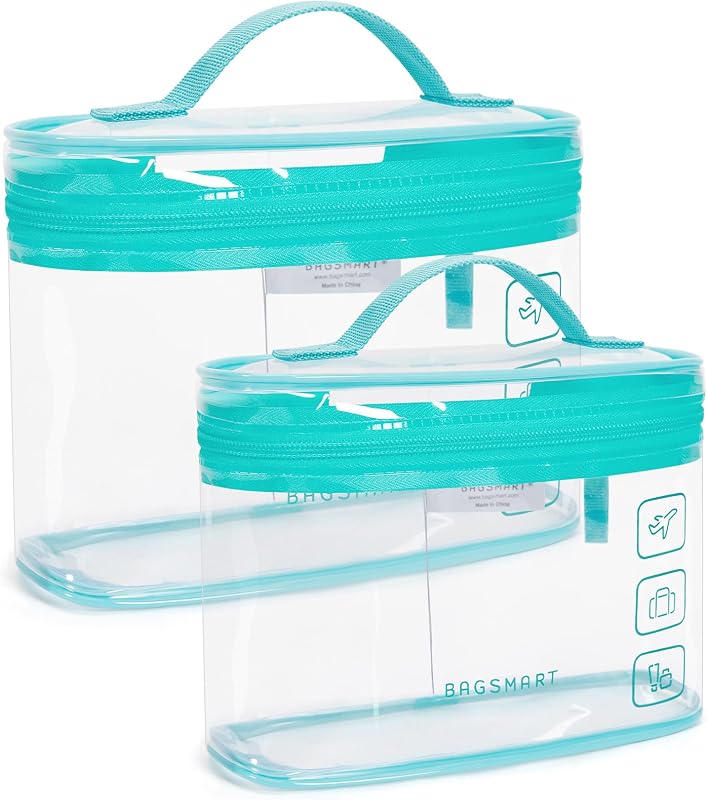 Necessaire transparente BAGSMART com zíper e alça, verde, Pacote com 2