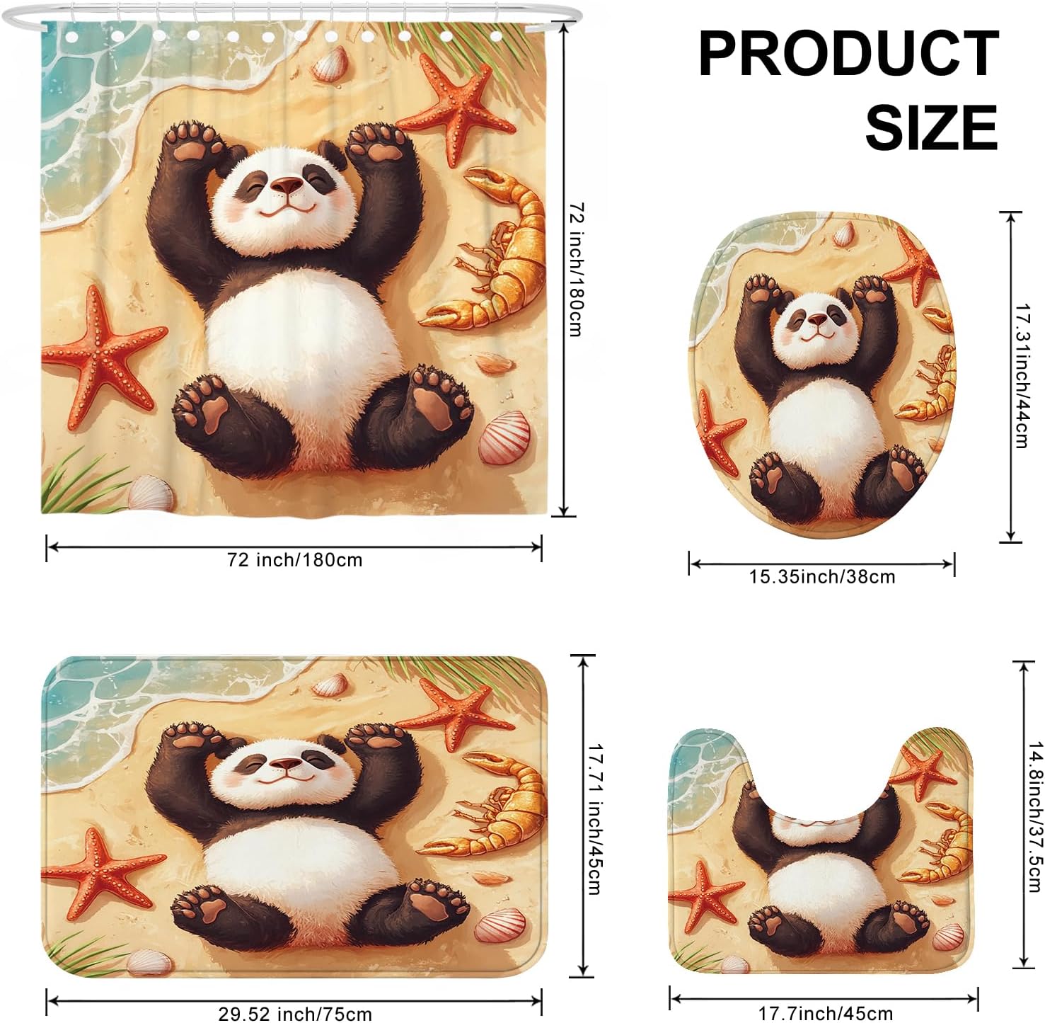 4PCS Funny Panda Bathroom Sets, Bath Accessory with Non-Slip Rug, U Shape and Toilet Lid Cover Mat, Kids Beach Cartoon Starfish Bathroom Decor-72''x72''