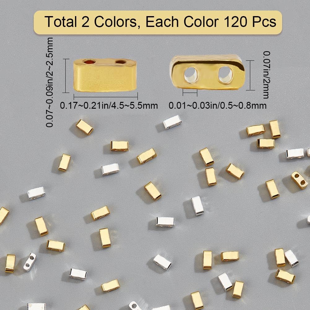CREATCABIN 240Pcs 2 Hole Half Tila Beads 2 Colors Glass Beads Square Rectangle Mini Opaque with Plastic Container Metallic Color for Craft Bracelet Necklace Earring Jewelry Making(Silver Gold) 5x2mm