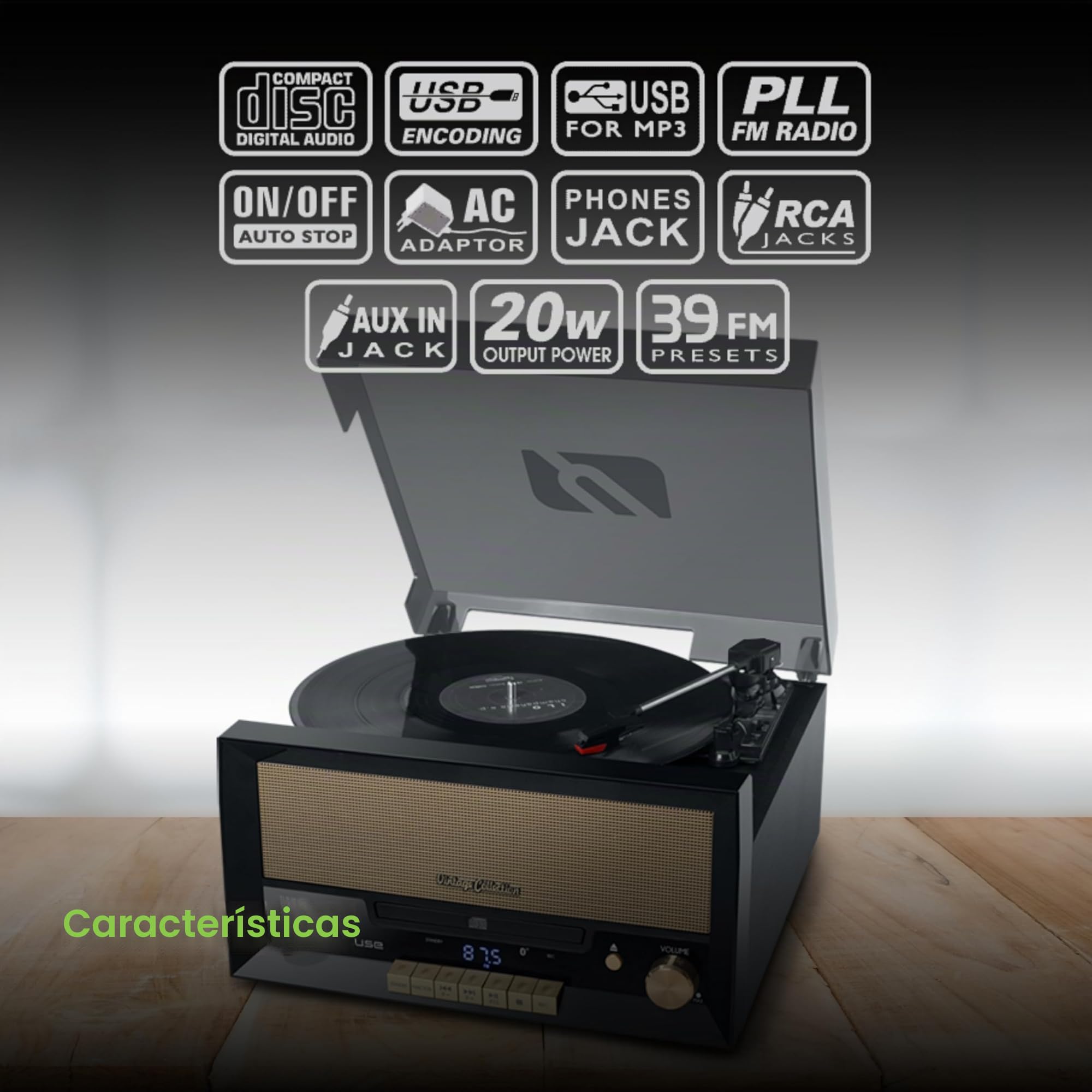 Muse MT-110 B - Micro Sistema CD y radio con Giradiscos Muse tres velocidades, bluetooth, USB y lector de tarjetas SD, caja madera, negro