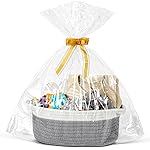 LANDNEOO Small Woven Basket with Gift Bags and Ribbons, Empty Decorative Gift Chest Box, Cute Baby Gift Basket for Nursery, Cotton Rope Room Shelf Storage Basket with Handles, 12x 8x 5, Gray