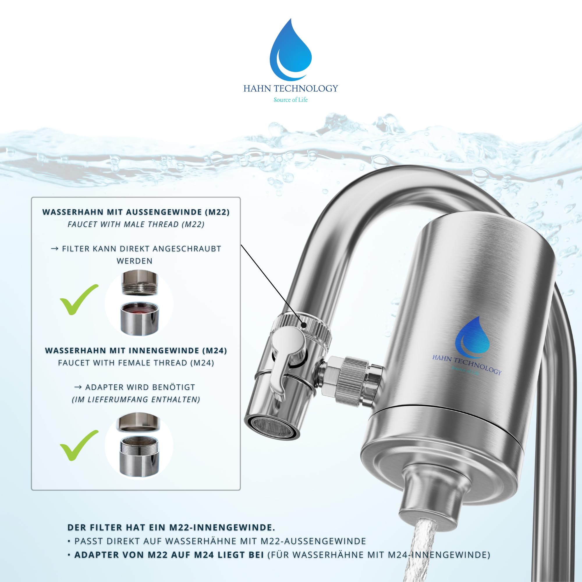 H2O Taps Filtre à Eau Sur Robinet - Acier Inoxydable - Design Très Élégant - Système De Filtre à