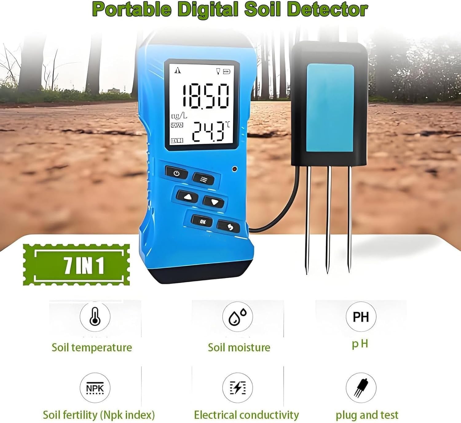 7 in 1 Soil Tester, Plant Soil Moisture Meter, with LCD Backlit Display, PH/Moisture/Temperature/Nutrient Conductivity, for Gardens, Lawns, Farms, Potted Plants