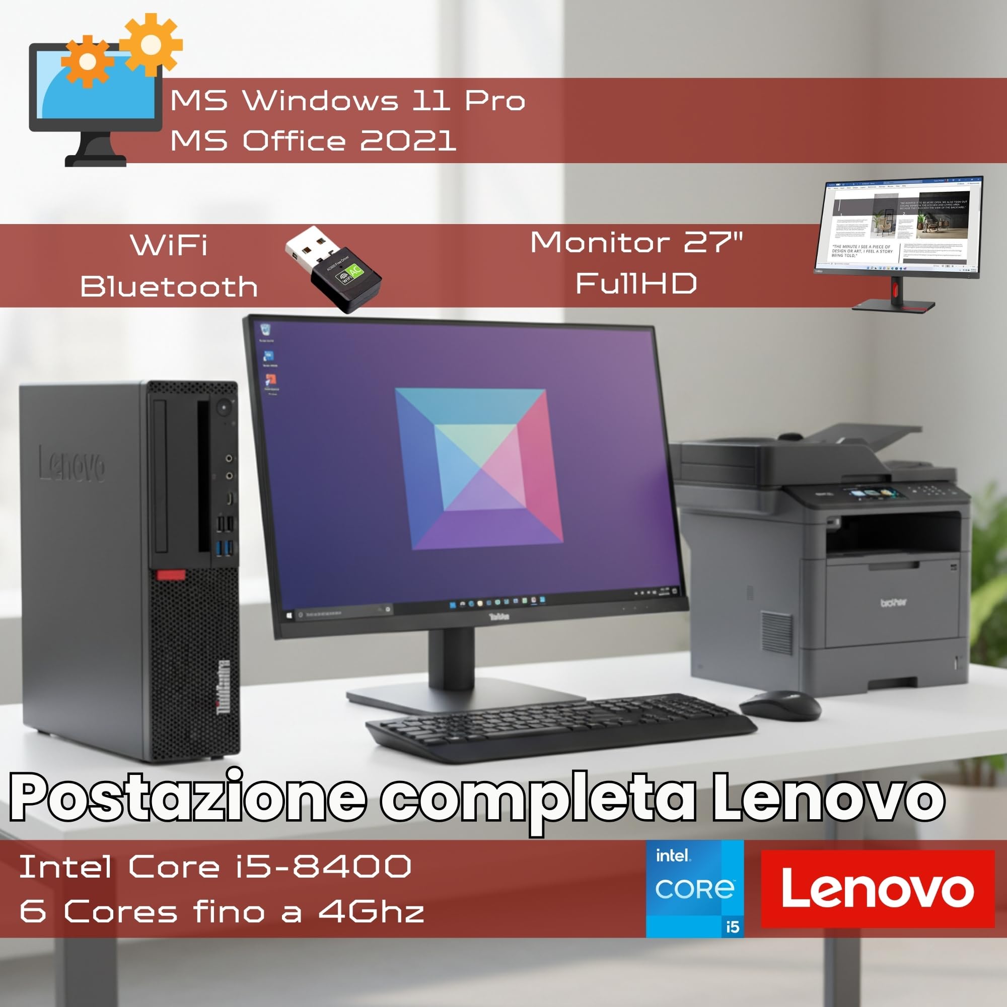 Lenovo Postazione ufficio completa Pc Desktop Intel Core i5-8400
