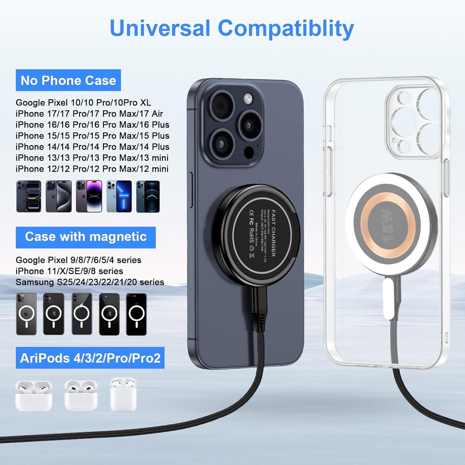 Magnetic Wireless Charger for iPhone 17 Pro/17Pro Max/17/16/15/14/13/12 Series/AirPods3/2/Pro, 2Pack 15W Mag-Safe Charger Fast Charging Pad for Samsung S25/24/23/22, Pixelsnap Charger for Google Pixel