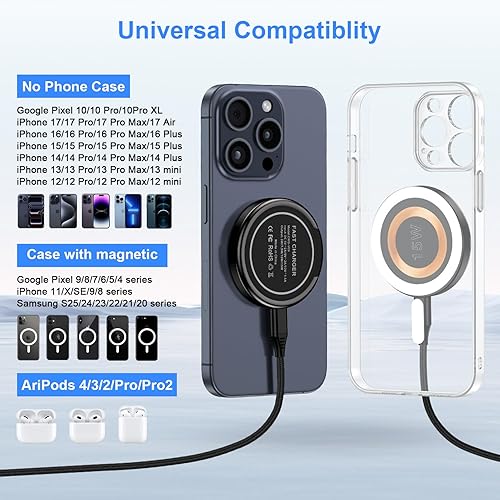 Miniatura 7 de Cargador inalámbrico magnético para iPhone 17 Pro17Pro Max171615141312 SeriesAirPods32Pro, paquete de 2 cargadores Mag-Safe de 15 W, almohadilla de