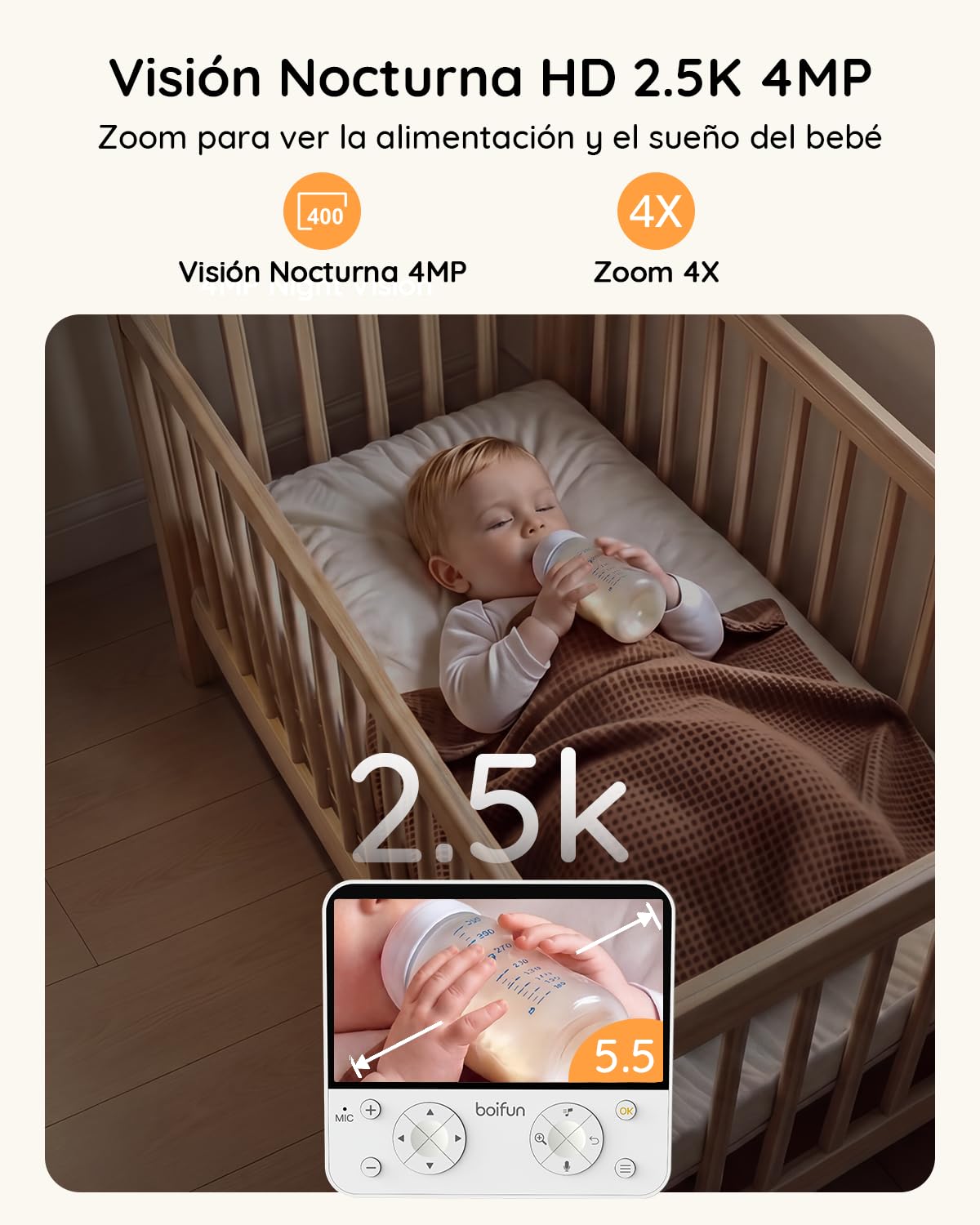 BOIFUN 5.5" Cámara Vigilancia Bebé con WiFi y App 2.5K/4MP, Visión Nocturna Invisible, IA Alerta de Cara Tapada y Sueño Seguro, Audio Bidireccional y Luz Nocturna Infantil, 360° Seguimiento Automático