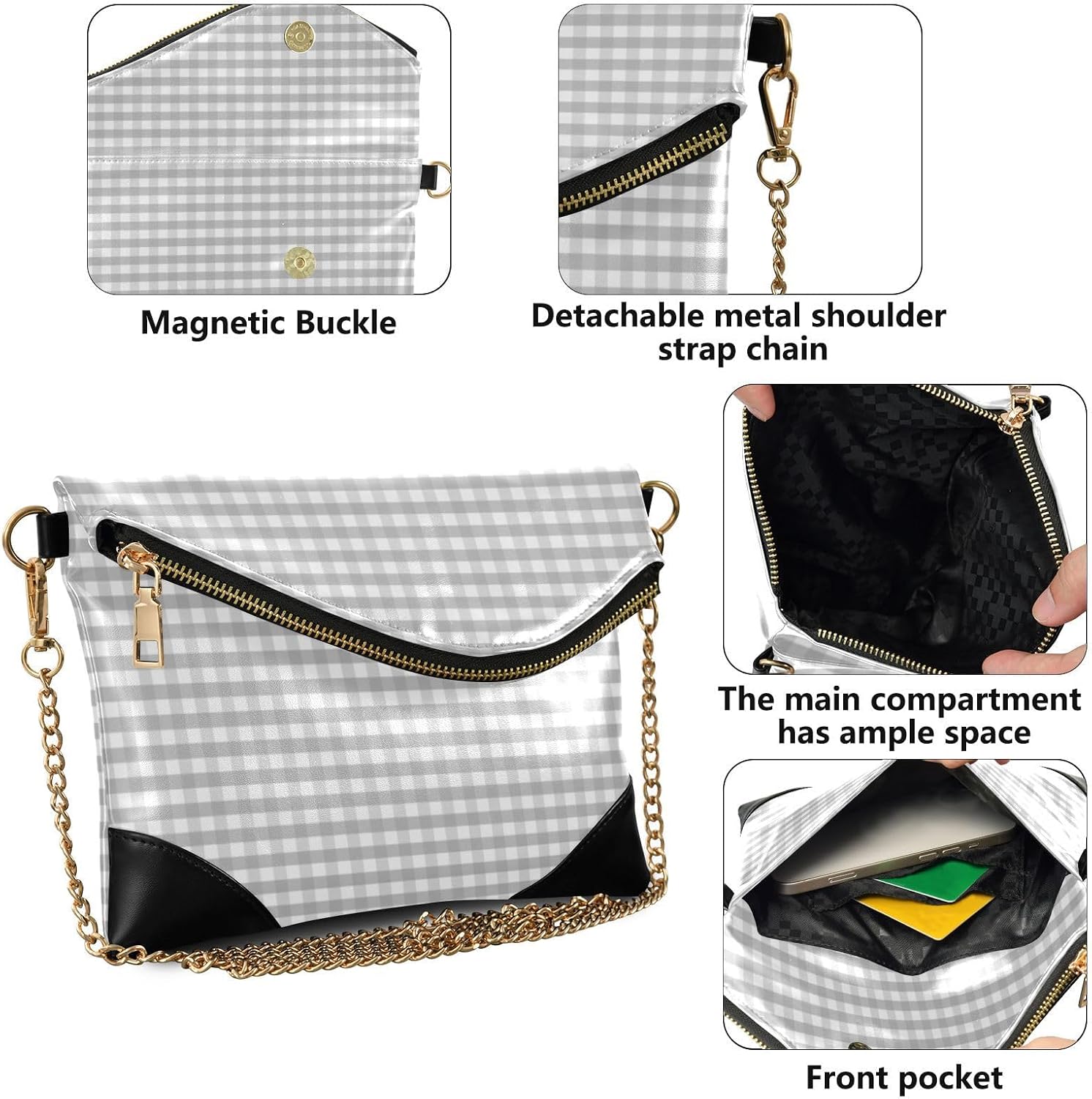 PU Leather Clutch Handbags for Women Casual Purses And Handbags for Wedding Grey Checkered Pattern